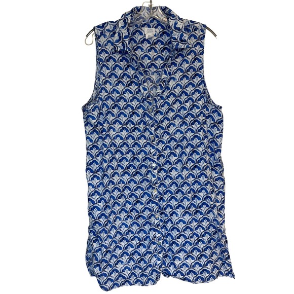 Sigrid Olsen Tops - Sigrid Olsen Blouse Blue White Print 100% Linen Flax Sleeveless Tunic Shirt XL